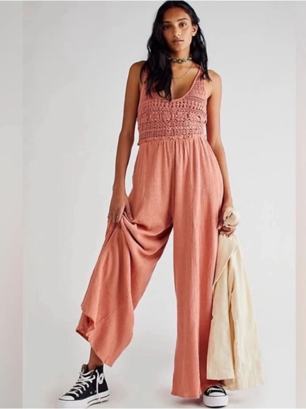 Free People Soleil Jumpsuit Crochet Wide Leg Open Back Boho Peach Size M NWT